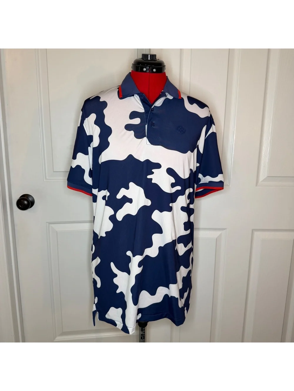 G/FORE Mens Med Blue White Camo Short Sleeve Polo Performance Shirt Belleair CC